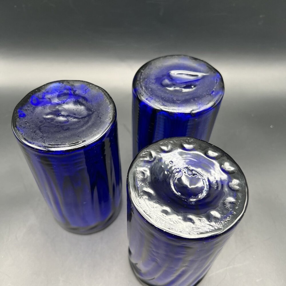 Set Of 3 Hand Blown Mexican Glasses Cobalt Blue Swirl Green Rim ~5" - Picture 5 of 14